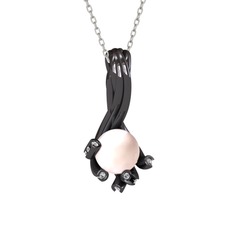 Valda İnci Kolye - Pembe inci ve swarovski 925 ayar siyah rodyum kaplama gümüş kolye (40 cm beyaz altın rolo zincir) #jyj625