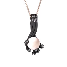 Valda İnci Kolye - Pembe inci ve swarovski 925 ayar siyah rodyum kaplama gümüş kolye (40 cm rose altın rolo zincir) #ncmf3s