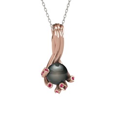Valda İnci Kolye - Siyah inci ve rodolit garnet 14 ayar rose altın kolye (40 cm beyaz altın rolo zincir) #p42r