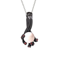 Valda İnci Kolye - Pembe inci ve garnet 925 ayar siyah rodyum kaplama gümüş kolye (40 cm gümüş rolo zincir) #q11xva