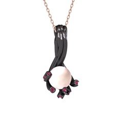 Pembe inci ve rodolit garnet 925 ayar siyah rodyum kaplama gümüş kolye (40 cm rose altın rolo zincir)