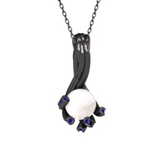 Valda İnci Kolye - Inci ve lab safir 925 ayar siyah rodyum kaplama gümüş kolye (40 cm gümüş rolo zincir) #xqrrfb