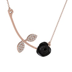 Gül Yaprağı Kolye - Beyaz zirkon 14 ayar rose altın kolye (Siyah mineli, 40 cm rose altın rolo zincir) #1131z7z