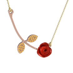 Gül Yaprağı Kolye - Sitrin 14 ayar rose altın kolye (Kırmızı mineli, 40 cm gümüş rolo zincir) #126nk8o