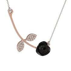 Gül Yaprağı Kolye - Swarovski 14 ayar rose altın kolye (Siyah mineli, 40 cm beyaz altın rolo zincir) #12lgojy