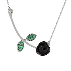 Gül Yaprağı Kolye - Yeşil kuvars 18 ayar beyaz altın kolye (Siyah mineli, 40 cm beyaz altın rolo zincir) #134ds75