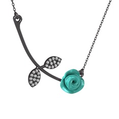 Gül Yaprağı Kolye - Swarovski 925 ayar siyah rodyum kaplama gümüş kolye (Turkuaz mineli, 40 cm gümüş rolo zincir) #13slow9