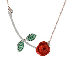 Yeşil kuvars 18 ayar beyaz altın kolye (Kırmızı mineli, 40 cm rose altın rolo zincir)