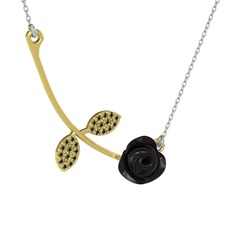 Gül Yaprağı Kolye - Peridot 14 ayar altın kolye (Siyah mineli, 40 cm gümüş rolo zincir) #14yne6r