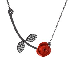 Gül Yaprağı Kolye - Swarovski 925 ayar siyah rodyum kaplama gümüş kolye (Kırmızı mineli, 40 cm gümüş rolo zincir) #15tgo1u