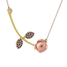 Gül Yaprağı Kolye - Ametist 925 ayar altın kaplama gümüş kolye (Pembe mineli, 40 cm rose altın rolo zincir) #16csqfd