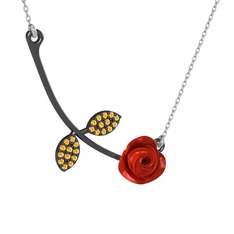 Gül Yaprağı Kolye - Sitrin 925 ayar siyah rodyum kaplama gümüş kolye (Kırmızı mineli, 40 cm beyaz altın rolo zincir) #16ubbba