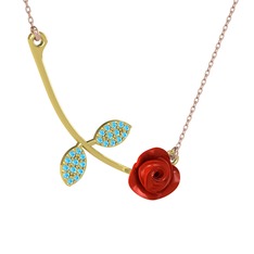 Akuamarin 8 ayar altın kolye (Kırmızı mineli, 40 cm rose altın rolo zincir)