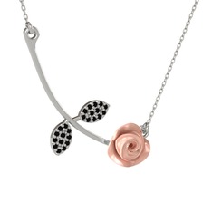 Gül Yaprağı Kolye - Siyah zirkon 925 ayar gümüş kolye (Pembe mineli, 40 cm beyaz altın rolo zincir) #17fmdzt