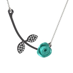 Gül Yaprağı Kolye - Swarovski 925 ayar siyah rodyum kaplama gümüş kolye (Turkuaz mineli, 40 cm beyaz altın rolo zincir) #17fpjuh