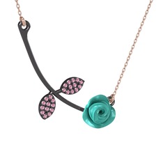 Gül Yaprağı Kolye - Pembe kuvars 925 ayar siyah rodyum kaplama gümüş kolye (Turkuaz mineli, 40 cm rose altın rolo zincir) #17n6c73