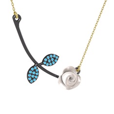 Gül Yaprağı Kolye - Akuamarin 925 ayar siyah rodyum kaplama gümüş kolye (Beyaz mineli, 40 cm gümüş rolo zincir) #17v24yf