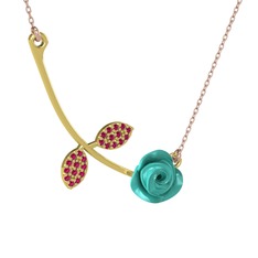 Gül Yaprağı Kolye - Rodolit garnet 925 ayar altın kaplama gümüş kolye (Turkuaz mineli, 40 cm rose altın rolo zincir) #191qy4p