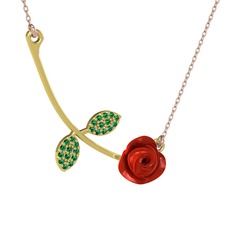 Gül Yaprağı Kolye - Yeşil kuvars 8 ayar altın kolye (Kırmızı mineli, 40 cm rose altın rolo zincir) #19bm1sf