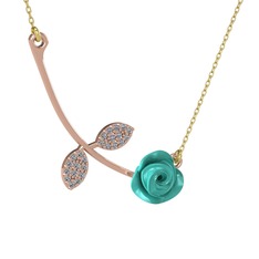 Gül Yaprağı Kolye - Pırlanta 14 ayar rose altın kolye (0.528 karat, turkuaz mineli, 40 cm gümüş rolo zincir) #19xniqq