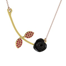 Gül Yaprağı Kolye - Rodolit garnet 18 ayar altın kolye (Siyah mineli, 40 cm rose altın rolo zincir) #1b6tq0d