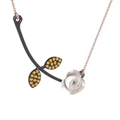 Gül Yaprağı Kolye - Sitrin 925 ayar siyah rodyum kaplama gümüş kolye (Beyaz mineli, 40 cm rose altın rolo zincir) #1bexfir