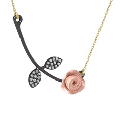 Gül Yaprağı Kolye - Swarovski 925 ayar siyah rodyum kaplama gümüş kolye (Pembe mineli, 40 cm altın rolo zincir) #1bheiol