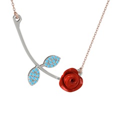 Akuamarin 18 ayar beyaz altın kolye (Kırmızı mineli, 40 cm rose altın rolo zincir)