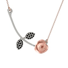 Siyah zirkon 18 ayar beyaz altın kolye (Pembe mineli, 40 cm rose altın rolo zincir)