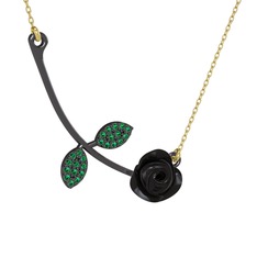 Gül Yaprağı Kolye - Yeşil kuvars 925 ayar siyah rodyum kaplama gümüş kolye (Siyah mineli, 40 cm altın rolo zincir) #1eqpb47
