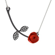 Gül Yaprağı Kolye - Swarovski 925 ayar siyah rodyum kaplama gümüş kolye (Kırmızı mineli, 40 cm beyaz altın rolo zincir) #1f4jdlq
