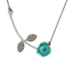 Gül Yaprağı Kolye - Peridot 14 ayar beyaz altın kolye (Turkuaz mineli, 40 cm gümüş rolo zincir) #1fix4nu