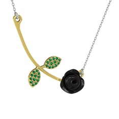 Gül Yaprağı Kolye - Yeşil kuvars 18 ayar altın kolye (Siyah mineli, 40 cm gümüş rolo zincir) #1gsk3ax