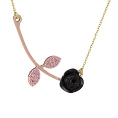 Pembe kuvars 925 ayar rose altın kaplama gümüş kolye (Siyah mineli, 40 cm altın rolo zincir)