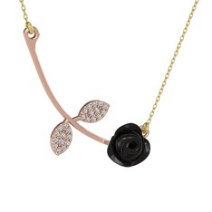 Beyaz zirkon 18 ayar rose altın kolye (Siyah mineli, 40 cm altın rolo zincir)