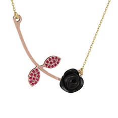 Gül Yaprağı Kolye - Rodolit garnet 925 ayar rose altın kaplama gümüş kolye (Siyah mineli, 40 cm altın rolo zincir) #1hww8q1