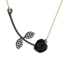 Gül Yaprağı Kolye - Swarovski 925 ayar siyah rodyum kaplama gümüş kolye (Siyah mineli, 40 cm altın rolo zincir) #1jalxfa