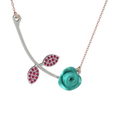 Rodolit garnet 14 ayar beyaz altın kolye (Turkuaz mineli, 40 cm rose altın rolo zincir)