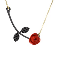 Gül Yaprağı Kolye - Siyah zirkon 925 ayar siyah rodyum kaplama gümüş kolye (Kırmızı mineli, 40 cm gümüş rolo zincir) #1lf2pvr