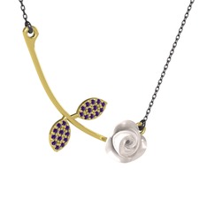 Gül Yaprağı Kolye - Ametist 18 ayar altın kolye (Beyaz mineli, 40 cm gümüş rolo zincir) #1lwiw5x