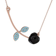 Gül Yaprağı Kolye - Akuamarin 18 ayar rose altın kolye (Siyah mineli, 40 cm rose altın rolo zincir) #1or1cy3