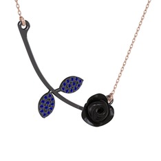 Gül Yaprağı Kolye - Lab safir 925 ayar siyah rodyum kaplama gümüş kolye (Siyah mineli, 40 cm rose altın rolo zincir) #1qkv71r