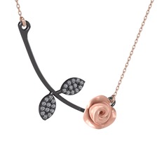 Gül Yaprağı Kolye - Pırlanta 925 ayar siyah rodyum kaplama gümüş kolye (0.528 karat, pembe mineli, 40 cm rose altın rolo zincir) #1qslnbj