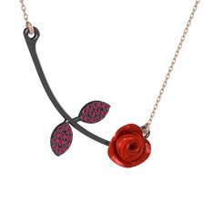 Gül Yaprağı Kolye - Rodolit garnet 925 ayar siyah rodyum kaplama gümüş kolye (Kırmızı mineli, 40 cm rose altın rolo zincir) #1r0n8ky
