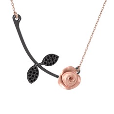 Gül Yaprağı Kolye - Siyah zirkon 925 ayar siyah rodyum kaplama gümüş kolye (Pembe mineli, 40 cm rose altın rolo zincir) #1rgeexo