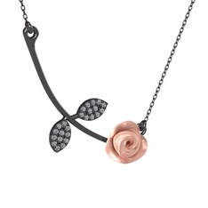 Pırlanta 925 ayar siyah rodyum kaplama gümüş kolye (0.528 karat, pembe mineli, 40 cm gümüş rolo zincir)