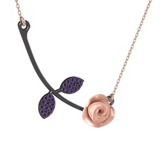 Gül Yaprağı Kolye - Ametist 925 ayar siyah rodyum kaplama gümüş kolye (Pembe mineli, 40 cm rose altın rolo zincir) #1slo5cq
