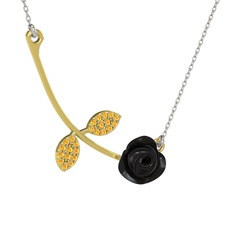 Gül Yaprağı Kolye - Sitrin 14 ayar altın kolye (Siyah mineli, 40 cm beyaz altın rolo zincir) #1sssa3c