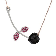 Gül Yaprağı Kolye - Rodolit garnet 925 ayar gümüş kolye (Siyah mineli, 40 cm rose altın rolo zincir) #1use7on