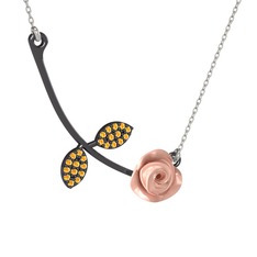 Gül Yaprağı Kolye - Sitrin 925 ayar siyah rodyum kaplama gümüş kolye (Pembe mineli, 40 cm beyaz altın rolo zincir) #1v5aup6